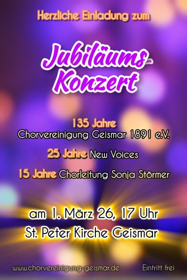 Plakat für ein Jubiläumskonzert in Geismar am 1. März 2026 um 17 Uhr