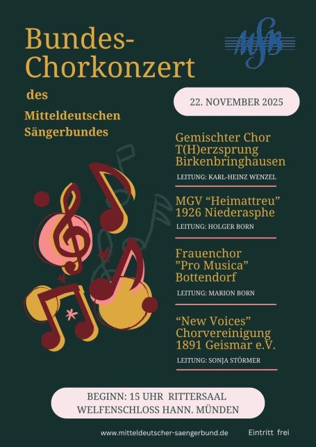 Plakat für das Bundes-Chorkonzert am 11. November 2023 mit Programmübersicht.
