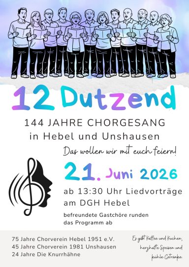 Plakat für Konzert am 21. Juni 2026 in Hebel mit Chorgesang und Programmhinweisen.