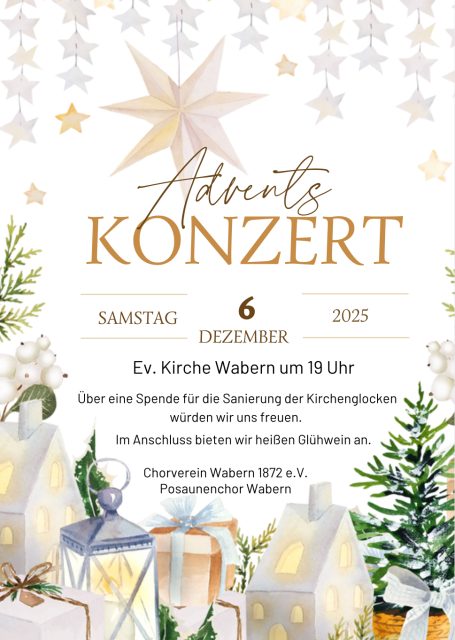 Adventskonzert-Ankündigung mit Datum, Uhrzeit und winterlicher Dekoration.
