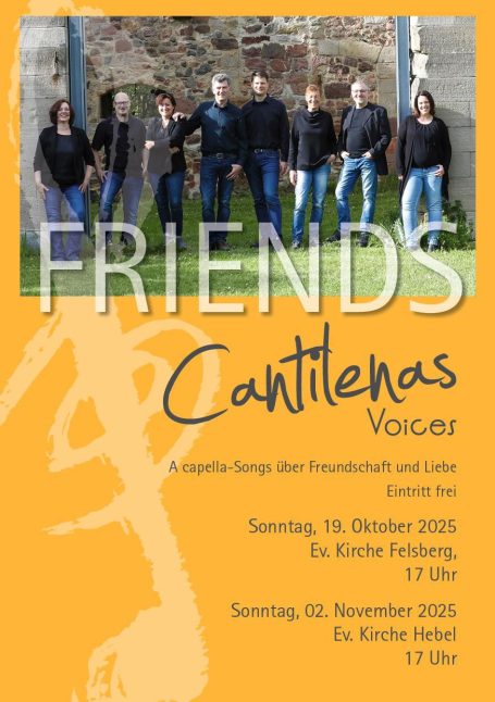 Plakat für das Konzert "Friends - Cantilenas Voices" am 15. Oktober 2023. Informationen zur Veranstaltung.
